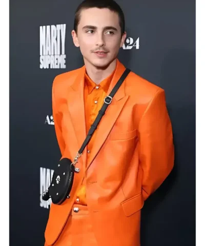 LA Premiere of A24’s Timothée Chalamet Marty Supreme Leather Orange Suit