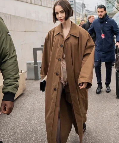 Click Here Lily Collins Orient Express Brown Coat