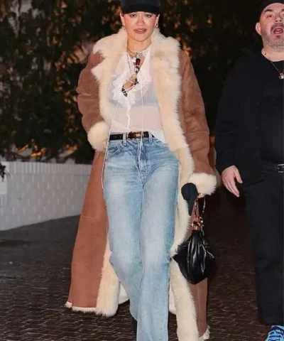 LA 2026 Rita Ora Brown Shearling Coat