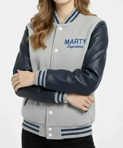 Marty Supreme Gray and Navy Blue Varsity Jacket