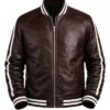 Men's Striped Sleeves Black Bomber Leather Jacket 
