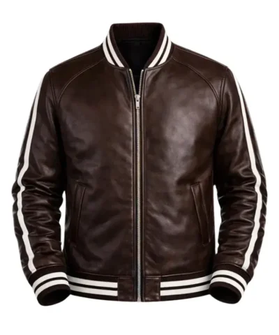 Men's Striped Sleeves Black Bomber Leather Jacket 