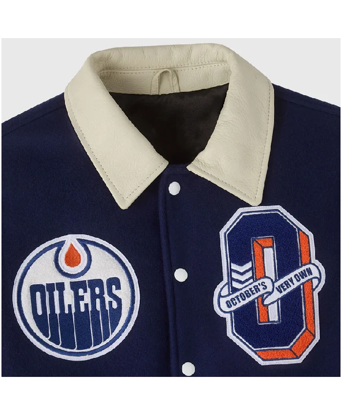 Oilers OVO Navy and Beige Varsity Jacket