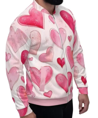 Pink Heart Printed Bomber Jacket For Man