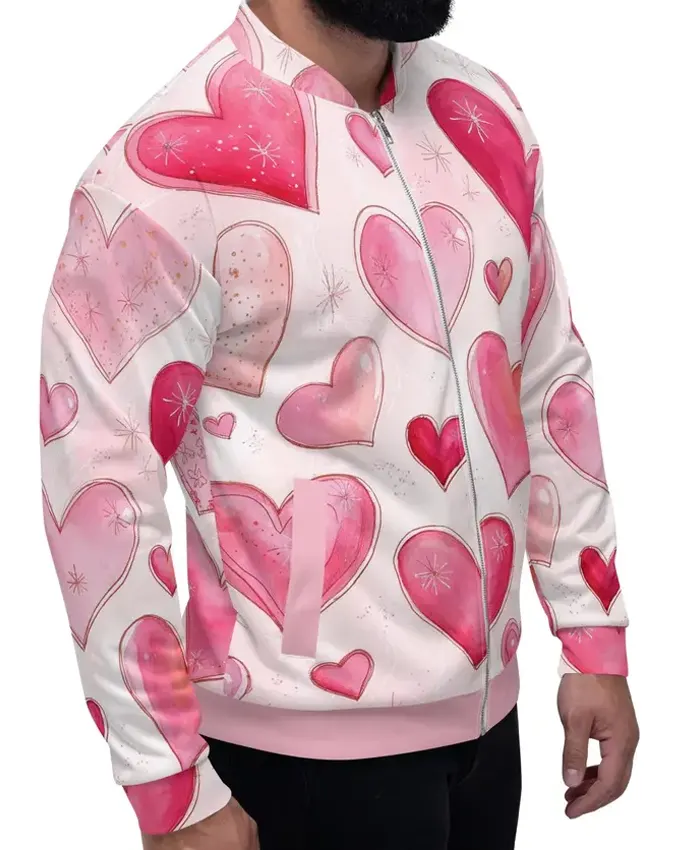Pink Heart Printed Bomber Jacket For Man