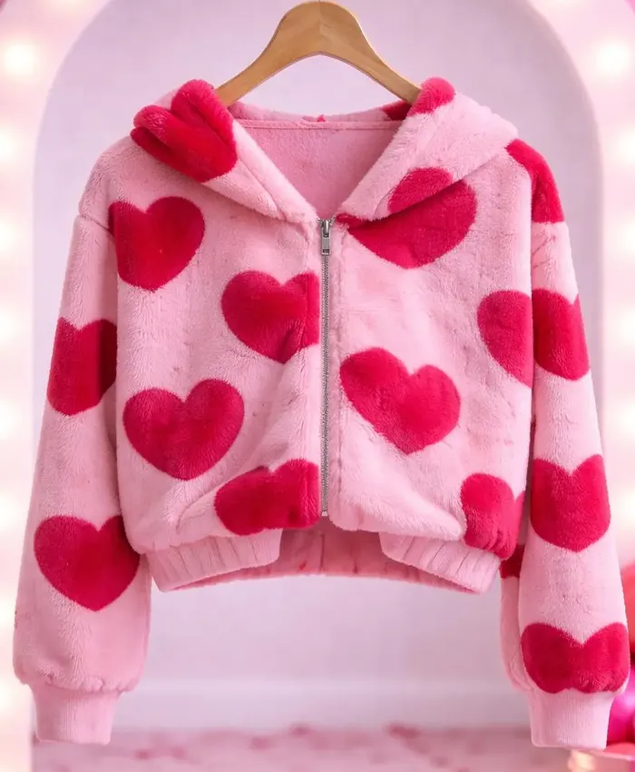 Pink Heart Printed Cropped Hoodie