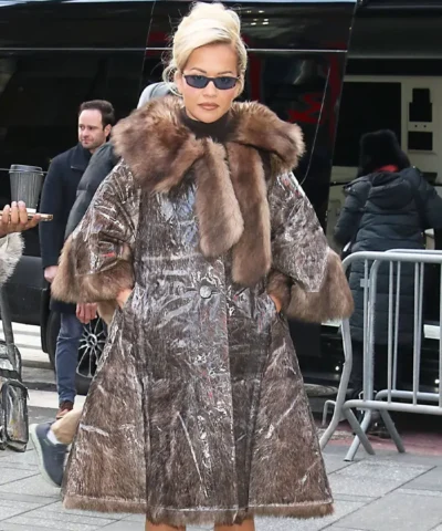NY Rita Ora Prada Camel Brown Shearling Coat
