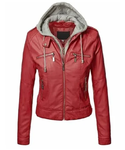Slim Fit Hooded Red Leather Jacket