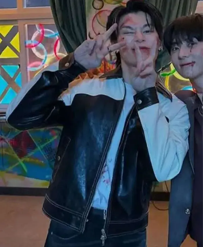 Study Group Cha Woo-min Black and white Leather Jacket