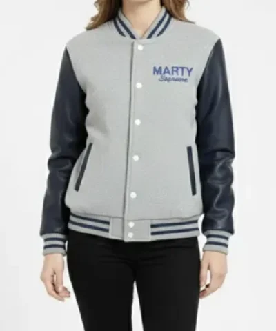 Alternative view of Marty Supreme Gray and Navy Blue Varsity Jacket