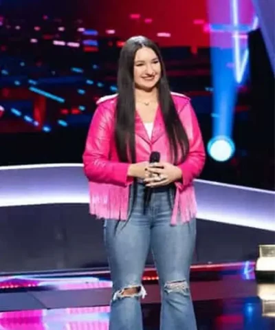 The Voice S27 Hailey Wright Pink Leather Fringe Jacket