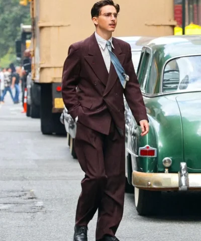 Timothee Chalamet 2025 Marty Supreme Maroon Suit