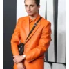 LA Premiere of A24’s Timothée Chalamet Marty Supreme Orange Leather Suit