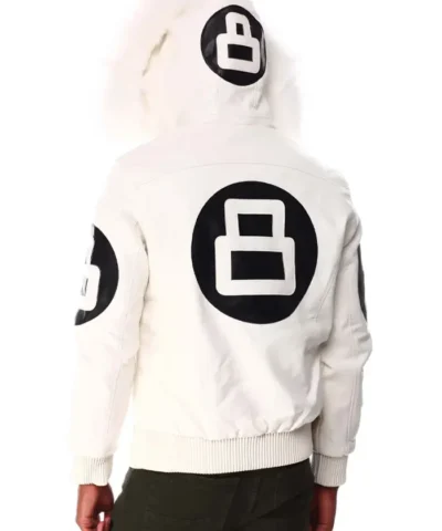 Unisex - 8 Ball White Leather Hooded Jacket - Removable Hood