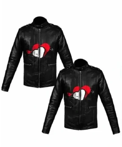 Valentine Couple Heart Printed Black Leather Jacket