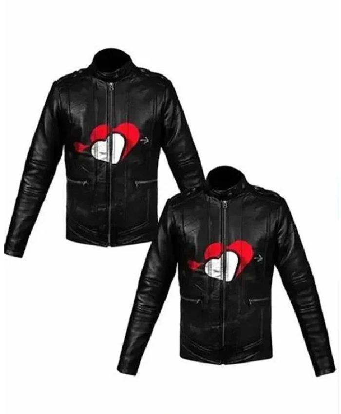 Valentine Couple Heart Printed Black Leather Jacket