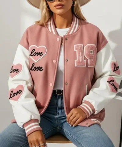 Valentine Day Pink Love Patch Varsity Jacket