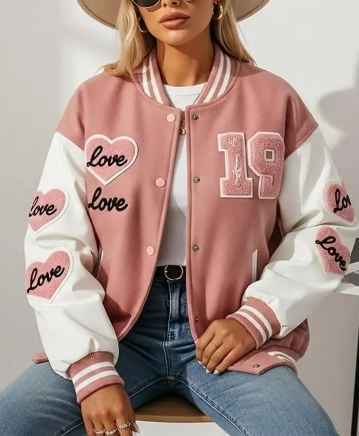 Valentine Day Pink Love Patch Varsity Jacket