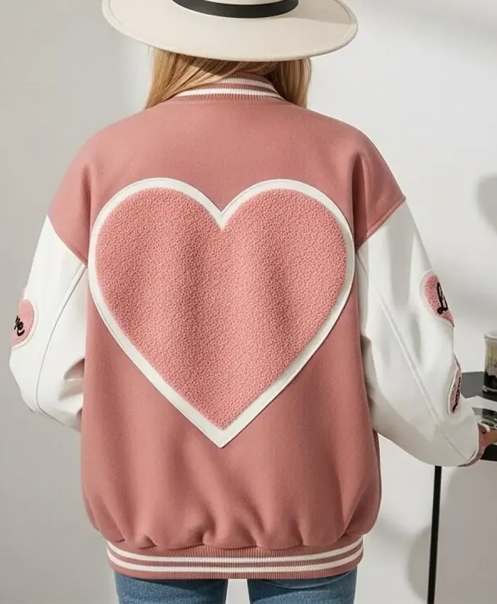 Valentine Day Pink Love Patch Wool Varsity Jacket