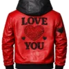 Valentine Gift Heart LOVE YOU Red Leather Hooded Jacket
