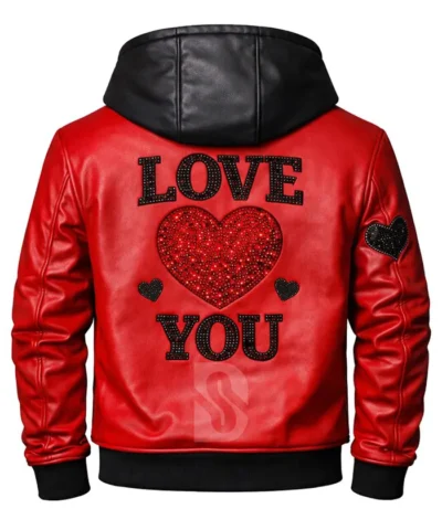 Valentine Gift Heart LOVE YOU Red Leather Hooded Jacket