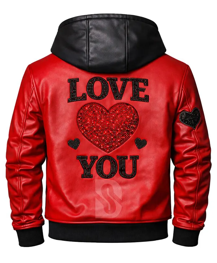 Valentine Gift Heart LOVE YOU Red Leather Hooded Jacket