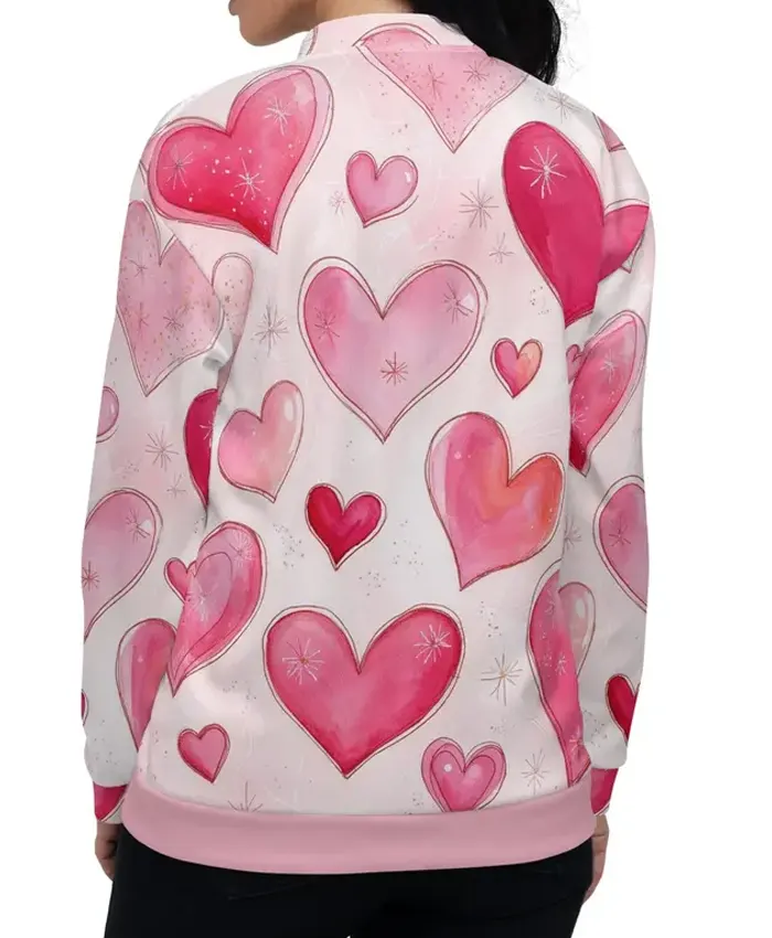 Valentine Pink Heart Printed Bomber Jacket