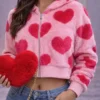 Valentine Pink Heart Printed Full-Zip Cropped Hoodie