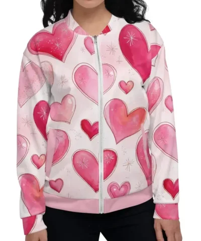 Pink Heart Printed Bomber Jacket