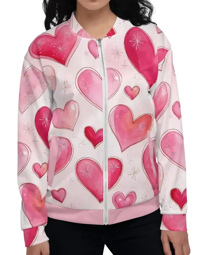 Pink Heart Printed Bomber Jacket