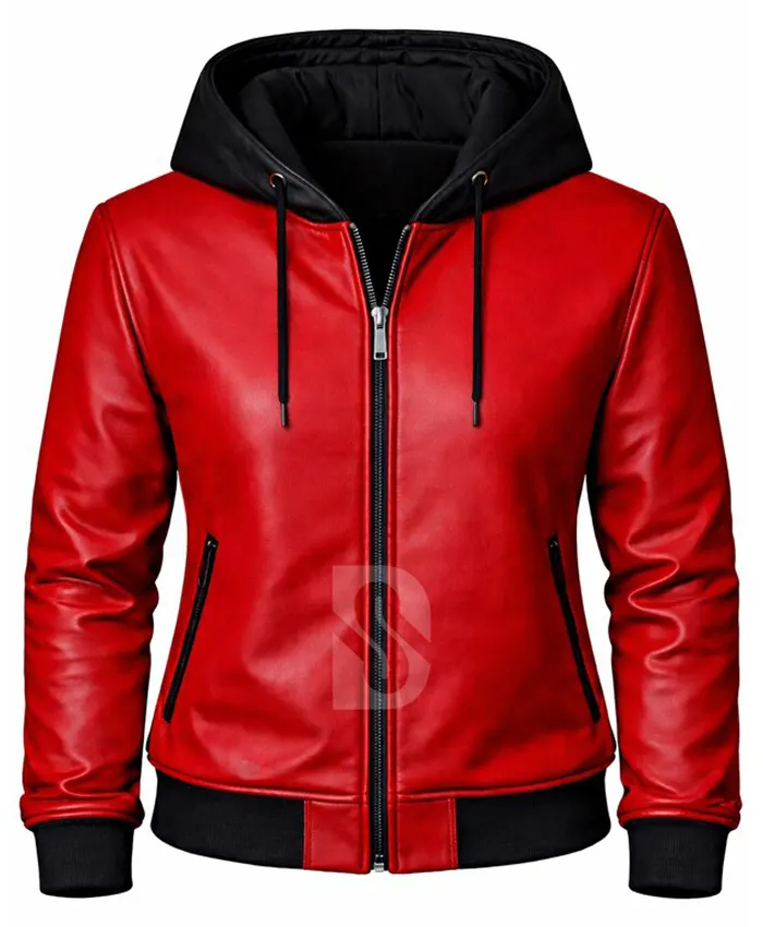 Valentine Gift Heart Red Leather Hooded Jacket