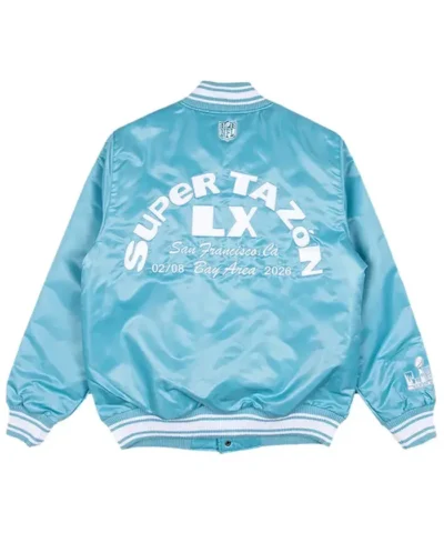Bad Bunny x Super Tazón 2026 Apple Music Super Bowl LX Halftime Show Light Blue Satin Varsity Jacket