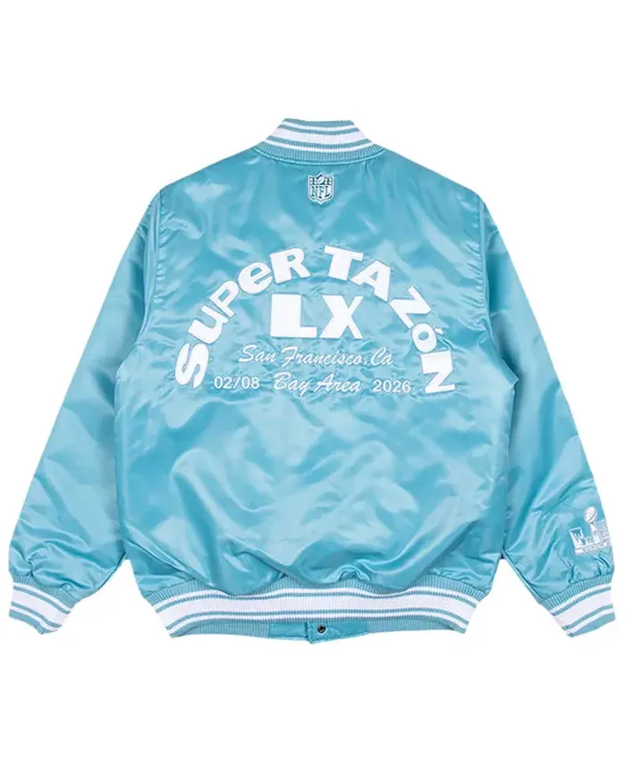 Bad Bunny x Super Tazón 2026 Apple Music Super Bowl LX Halftime Show Light Blue Satin Varsity Jacket