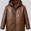 Casual Brown Detachable Hooded Leather Jacket