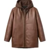 Casual Brown Leather Detachable Hooded Jacket