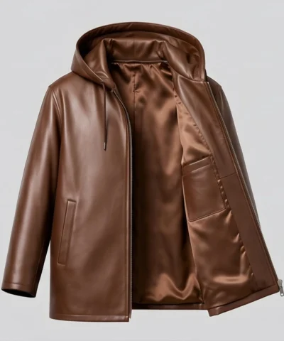 Casual Detachable Hooded Leather Brown Jacket