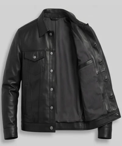 Classic black leather jacket for men, tailored for a stylish slim silhouette