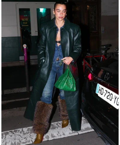 Dua Lipa Green Raf Simons Leather Coat