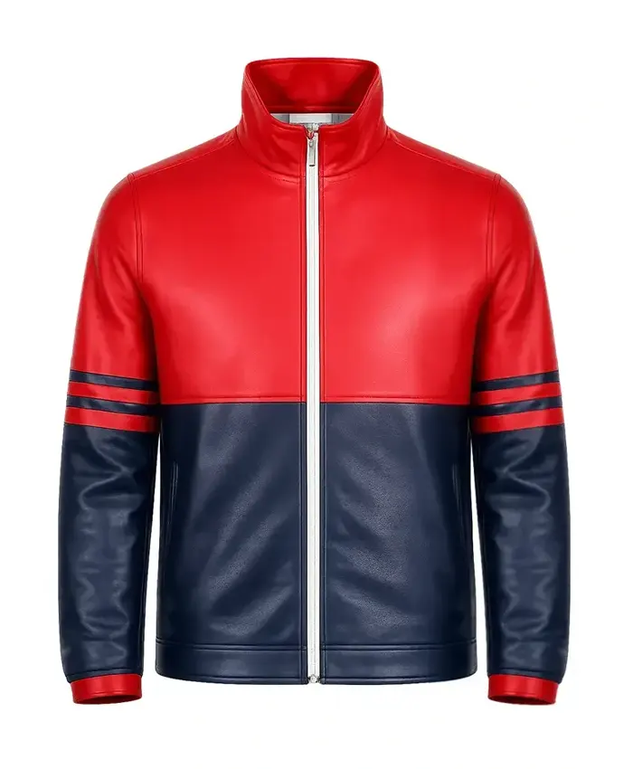 Dual-Tone Red and Navy Blue Leather Jacket