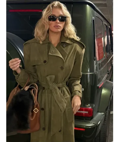 Elsa Hosk Suede Brown Trench Coat - Shoulder Belt