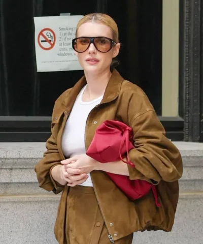 Emma Roberts Super Bowl Party 2026 Tan Suede Jacket