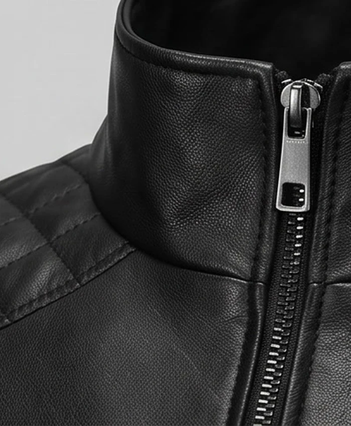 Fashionable mens biker jacket crafted from high-quality black leather with quilted patterns