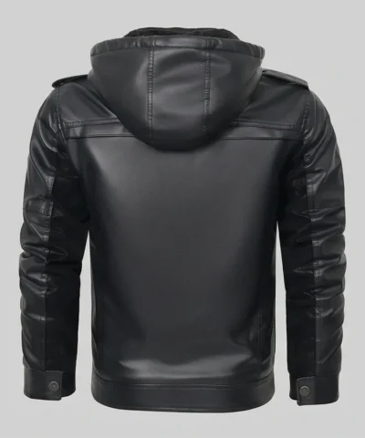 Fred Black Hooded Leather Jacket For Mens Back