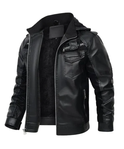 Fred Men Black Hooded Leather Jacket