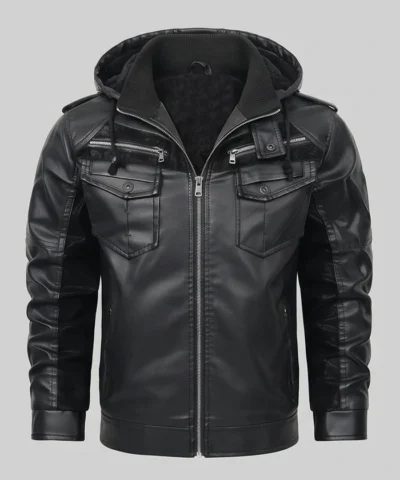 Fred Mens Black Hooded Leather Jacket