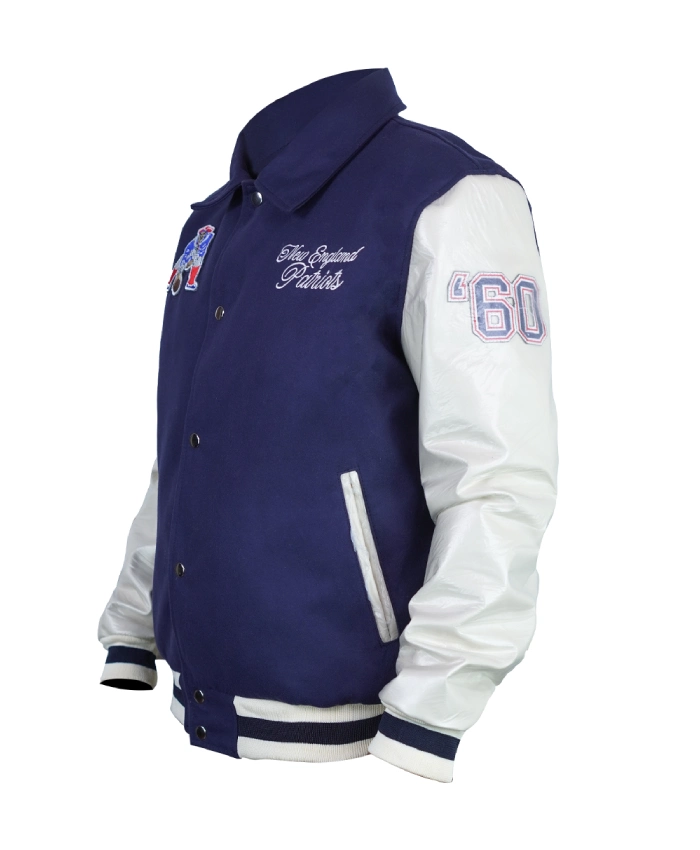 New England Patriots Navy and Off White Bomber Letterman Jacket _ Front