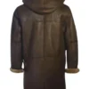 Hook Closure Chocolate Brown Hooded Leather Coat