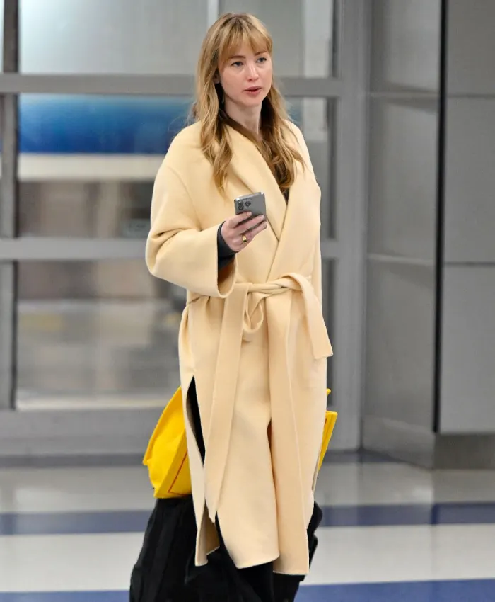 Jennifer Lawrence Cream Belted Coat