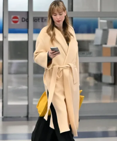 Jennifer Lawrence Belted Wool Cream Coat