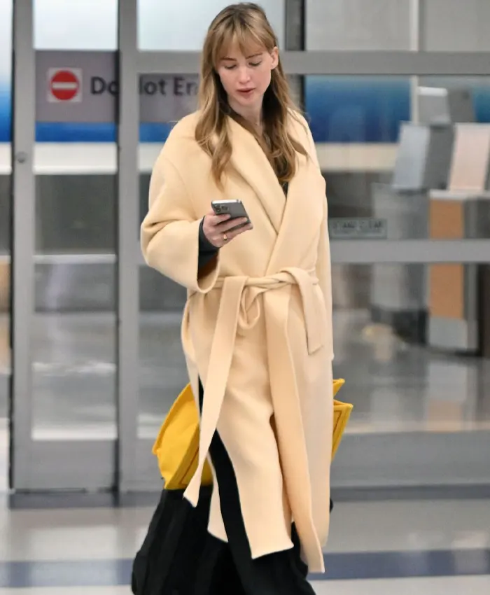 Jennifer Lawrence Belted Wool Cream Coat
